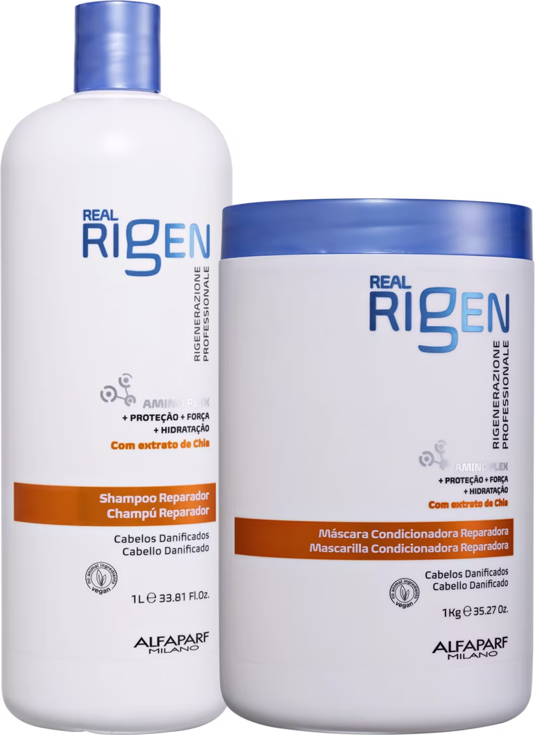 Kit com shampoo e máscara capilar Real Rigen, da marca Alfaparf Milano.