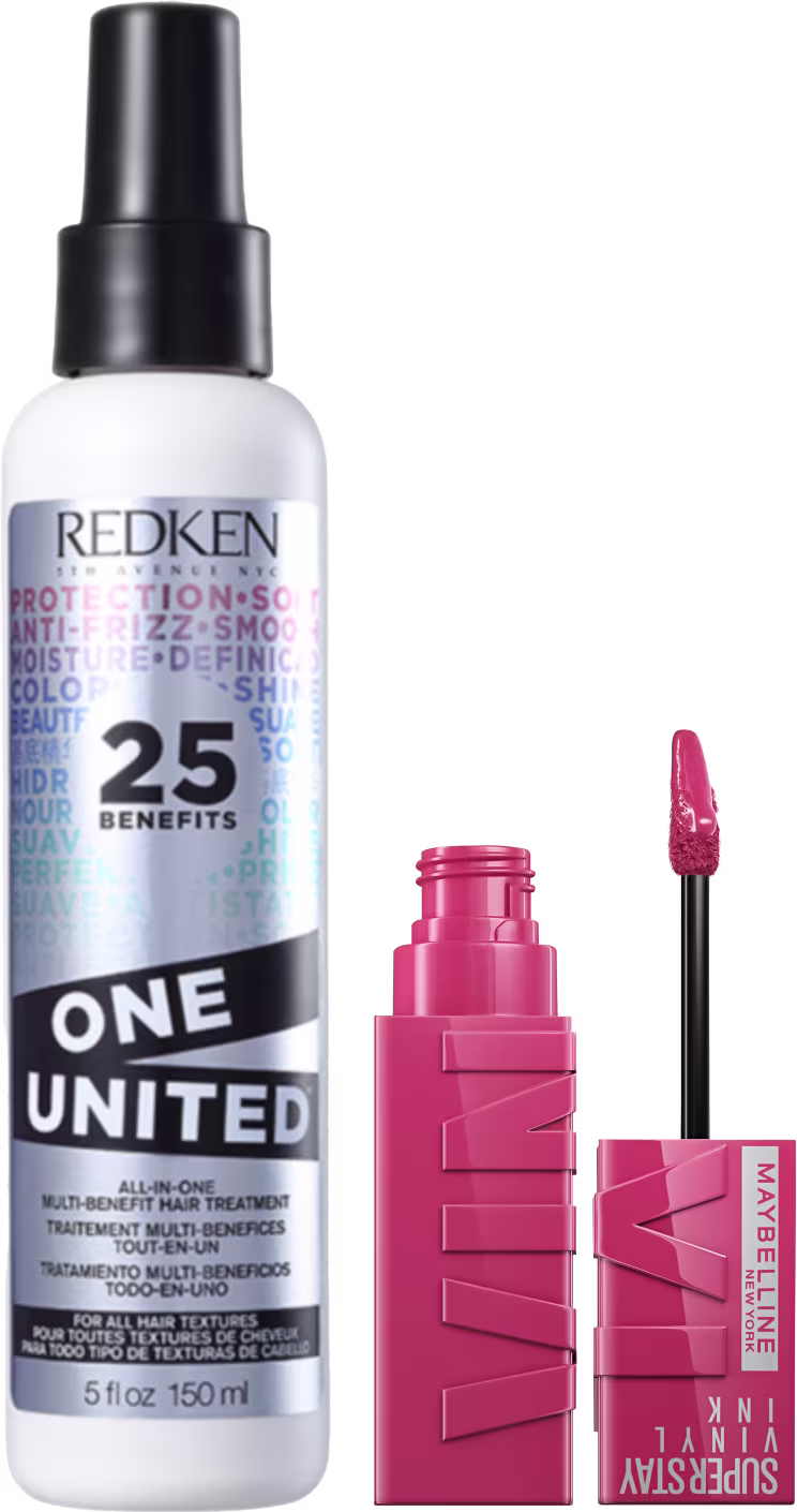 Kit com o tratamento capilar Redken One United e batom líquido Maybelline Superstay Vinyl Ink.