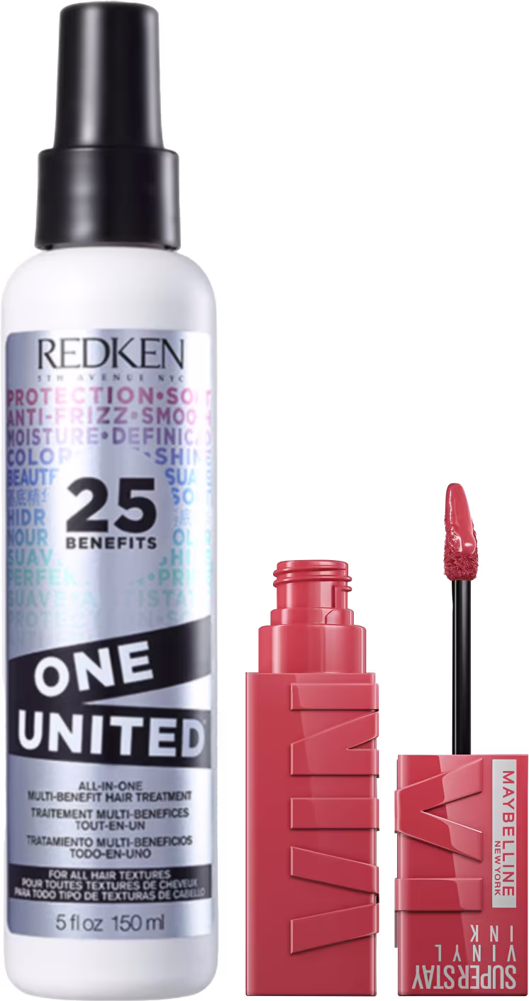 Kit com o tratamento capilar Redken One United e batom líquido Maybelline Superstay Vinyl Ink.