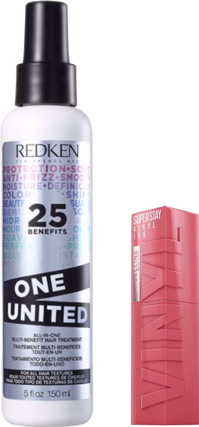Tratamento capilar Redken, chamado "One United". Trata-se de um tratamento multi-benefício em formato de spray, com 25 benefícios anunciados na embalagem. Ao lado, há a embalagem do batom líquido superstay ink da marca Maybelline.