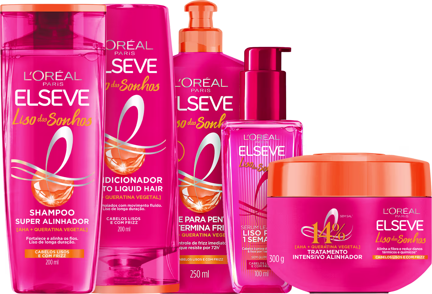 Kit com shampoo, condicionador, creme de pentear, máscara e sérum Liso dos Sonhos, da marca Elseve.
