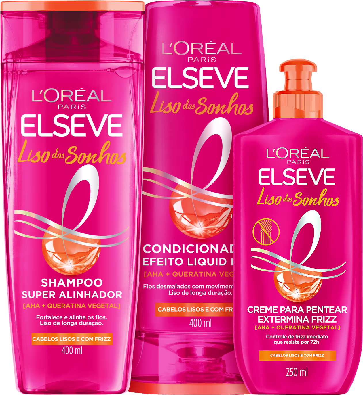 Kit com shampoo, condicionador e creme de pentear Liso dos Sonhos, da marca Elseve.
