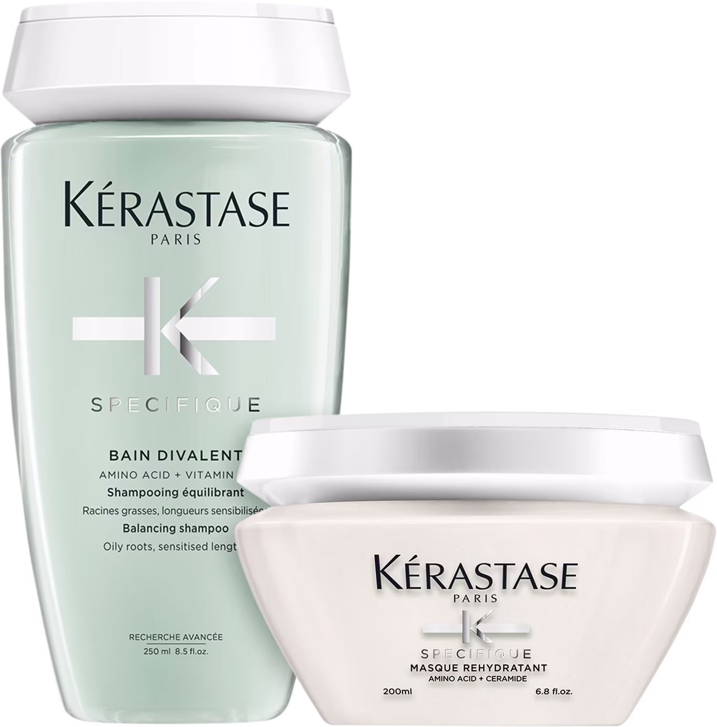 Kit com shampoo e máscara Spécifique, da marca Kérastase.