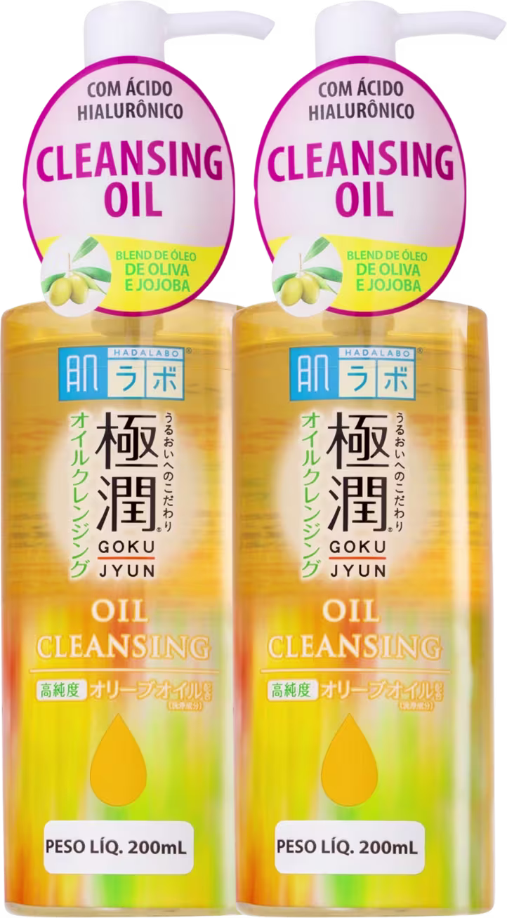 Óleo de limpeza da marca Hada Labo. Existem dois frascos idênticos, cada um com 200 ml de capacidade. Os frascos possuem um design simples, com uma embalagem branca e rosa, e rótulos com o nome do produto "Cleansing Oil" em destaque.