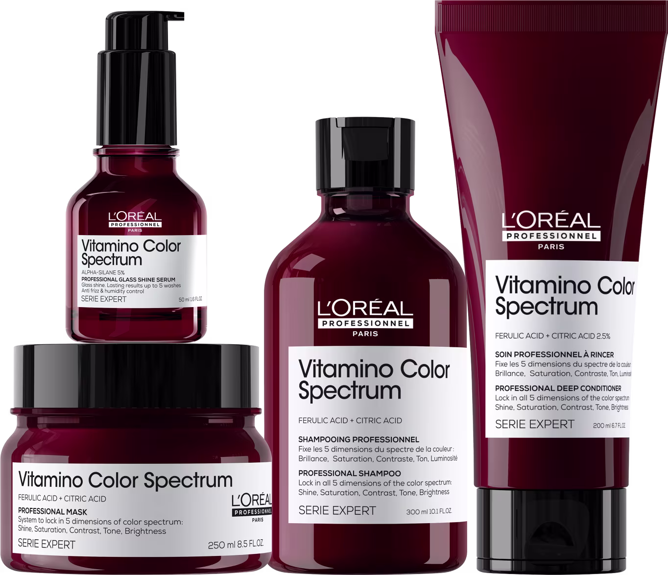 Kit L'Oréal Professionnel Vitamino Color Spectrum: Shampoo 300ml; Condicionador 200ml; Máscara Capilar 250ml; e Sérum Capilar 50ml