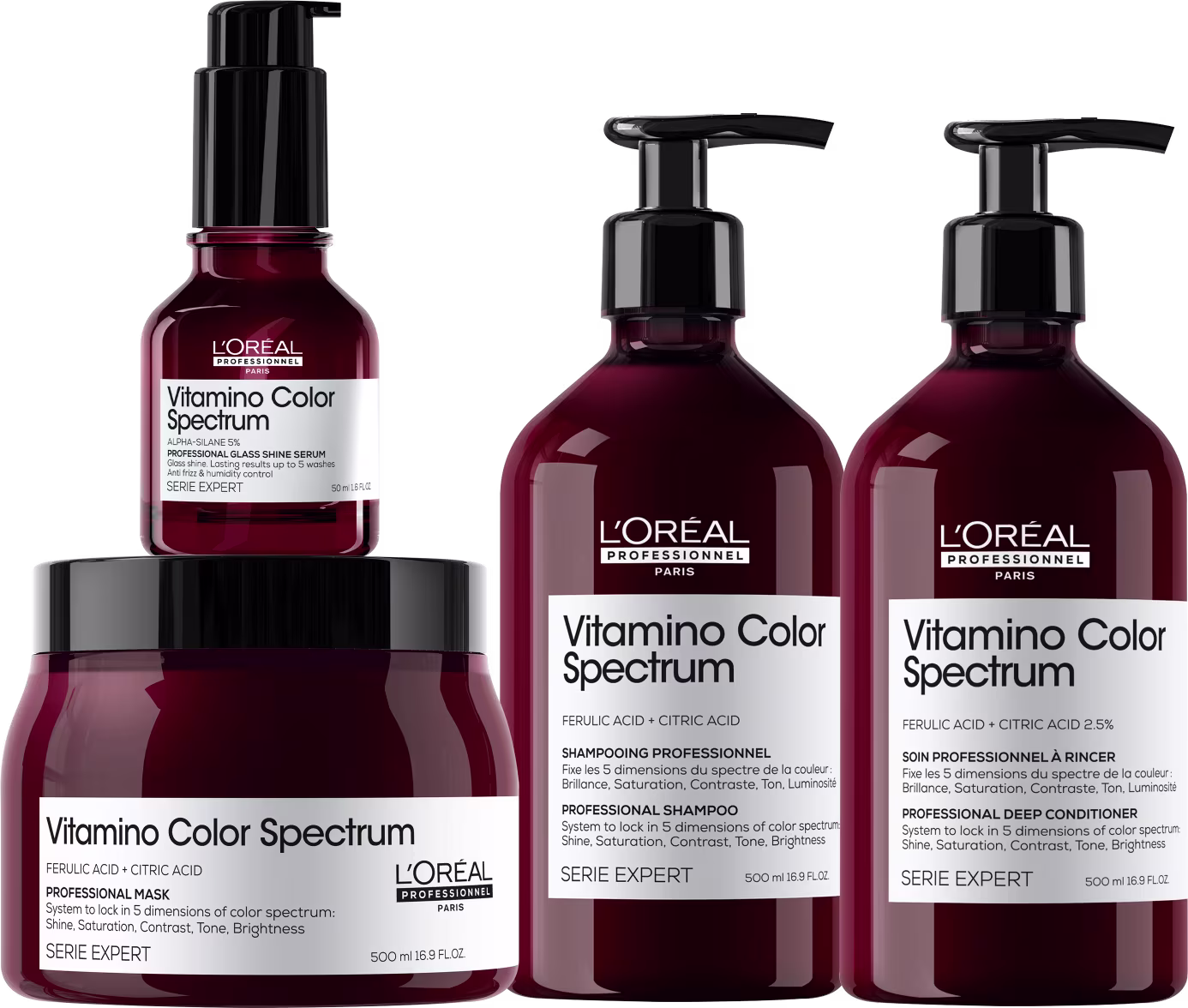 Kit L'Oréal Professionnel Vitamino Color Spectrum: Shampoo 500ml; Condicionador 500ml: Máscara Capilar 500ml; e Sérum Capilar 50ml