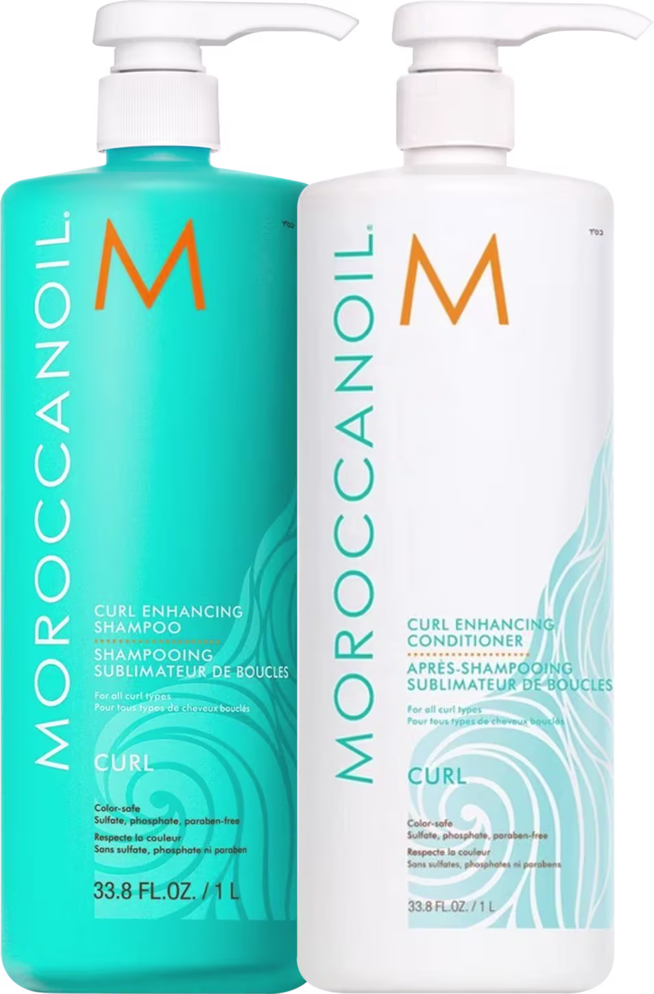 Dois frascos de produtos Moroccanoil: um frasco de shampoo para cachos em cor azul-turquesa e um frasco de condicionador para cachos em cor branca, ambos com bombas doseadoras.