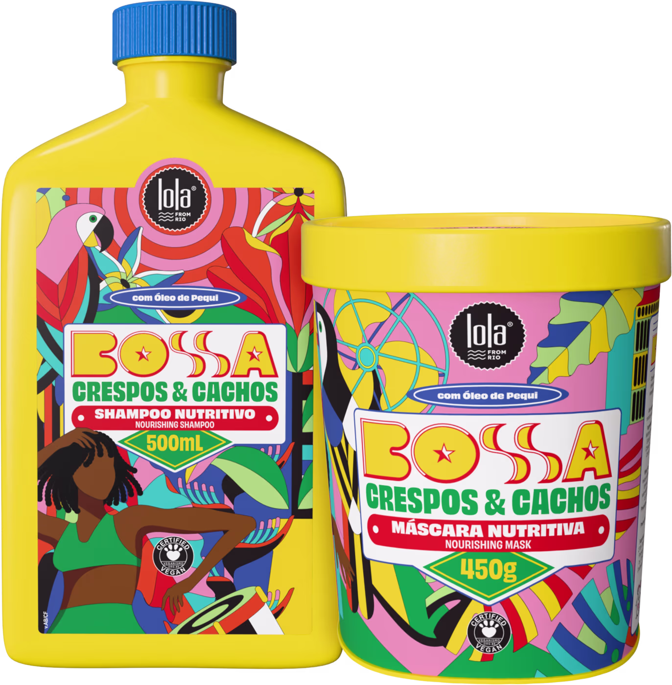 Produtos da marca Lola From Rio, incluindo um frasco de shampoo nutritivo Bossa Crespos & Cachos de 500 ml e um pote de máscara nutritiva Bossa Crespos & Cachos de 450 g, com embalagens coloridas e vibrantes em tons de amarelo, rosa e azul.