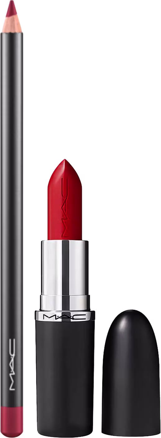 Kit M·A·C MACximal Satin Left On Red + Lip Pencil Brick, 2 produtos.