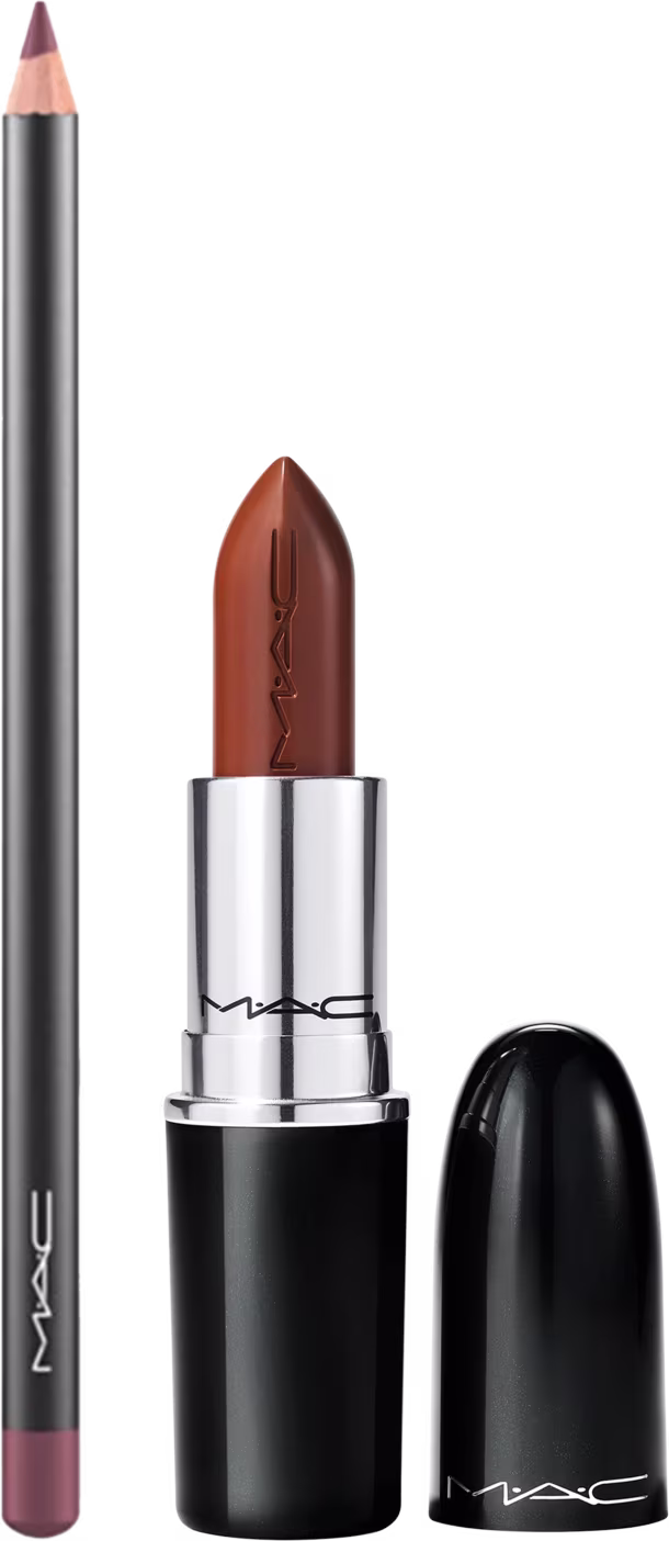Kit M·A·C Lustreglass Can't Dull My Shine + Lip Pencil Plum, 2 produtos.