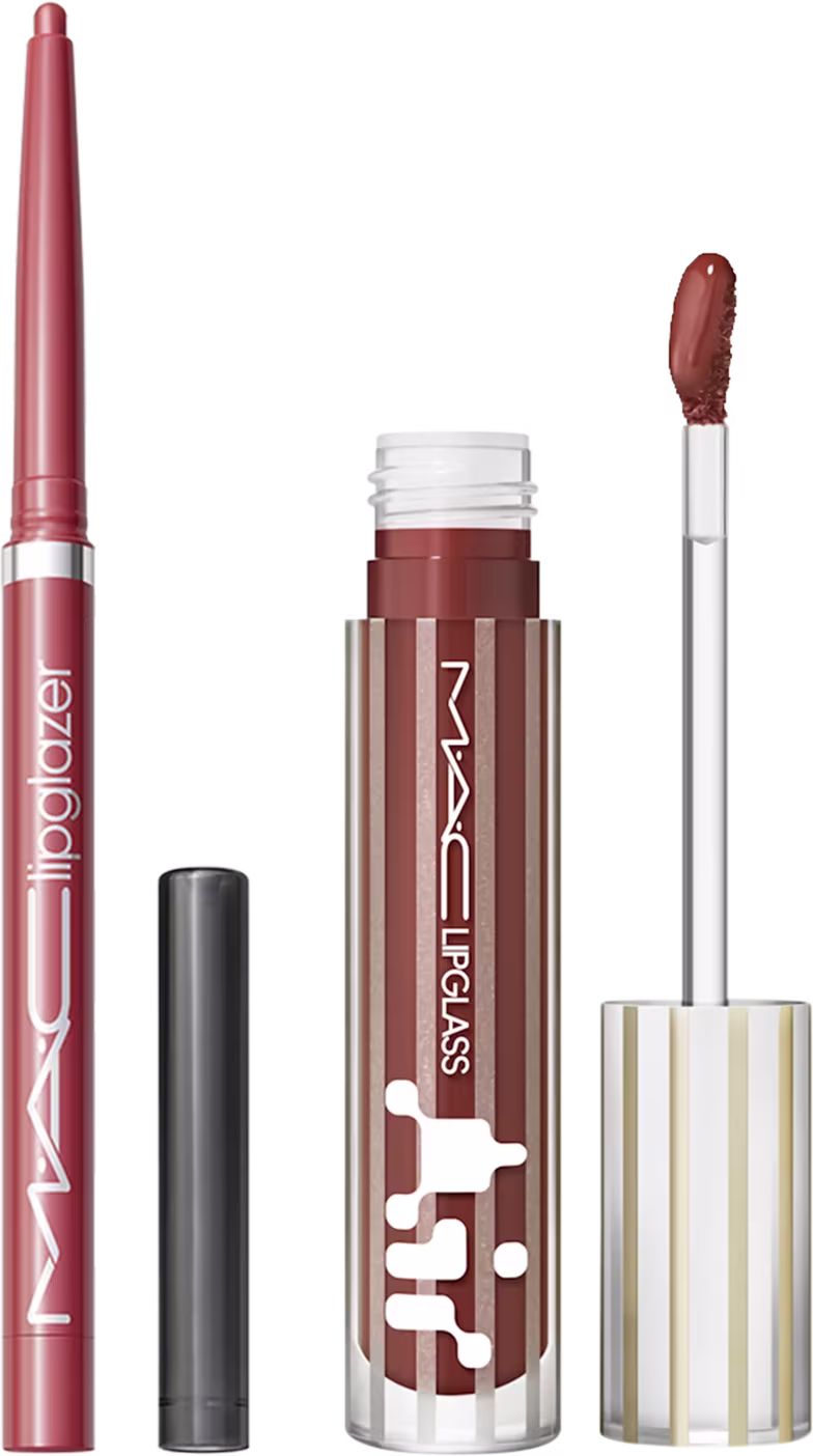 Kit M.A.C Lipglass Airshine Aesthetic + Lipglazer Glossy Liner Velvet Teddy, 2 produtos.