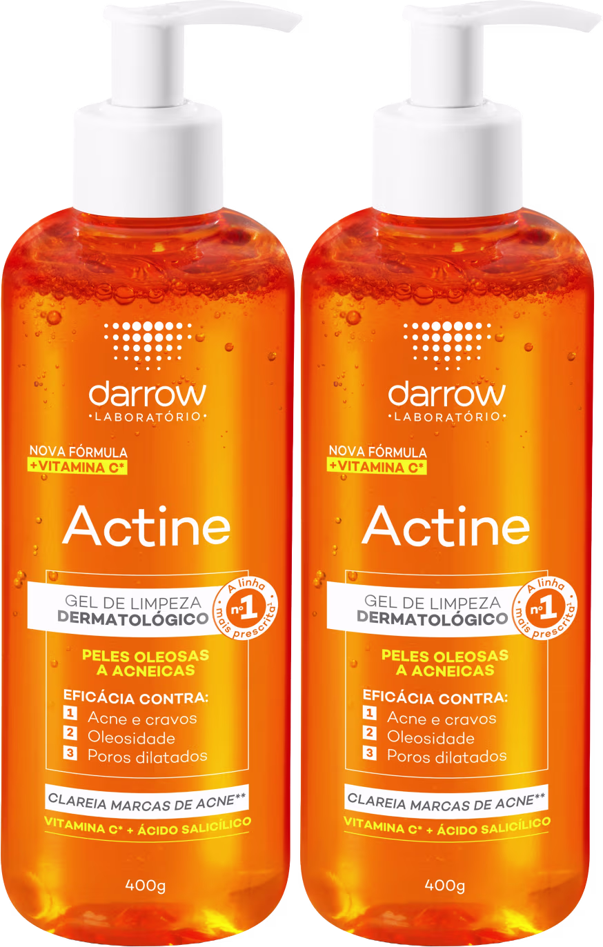 Dois frascos de gel de limpeza dermatológico Darrow Actine, com 400g cada, com bomba dosadora branca. Os frascos possuem cor laranja vibrante e rótulos com informações sobre a fórmula com vitamina C e eficácia contra acne, oleosidade e poros dilatados.