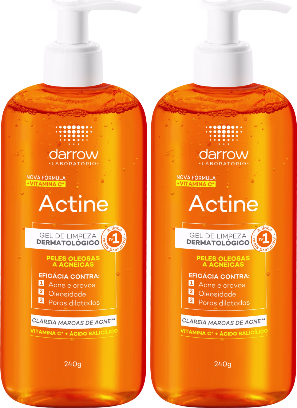 Dois frascos de gel de limpeza dermatológico Darrow Actine, com 240g cada, em embalagem laranja com rótulos brancos destacando a fórmula com vitamina C e ácido salicílico, indicada para peles oleosas e acneicas.
