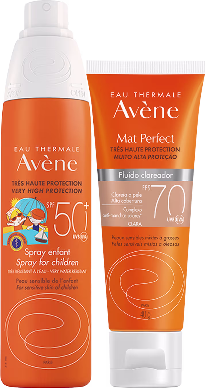 Kit Avène Spray Enfant FPS50 + Mat Perfect FPS70 Claro, 2 produtos.