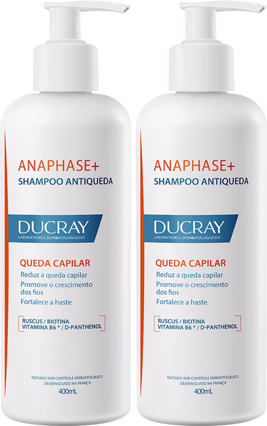 Dois frascos brancos de shampoo Anaphase+ da marca Ducray, com bombas doseadoras, rótulos azuis e laranja indicando propriedades antiqueda e fortalecimento capilar.