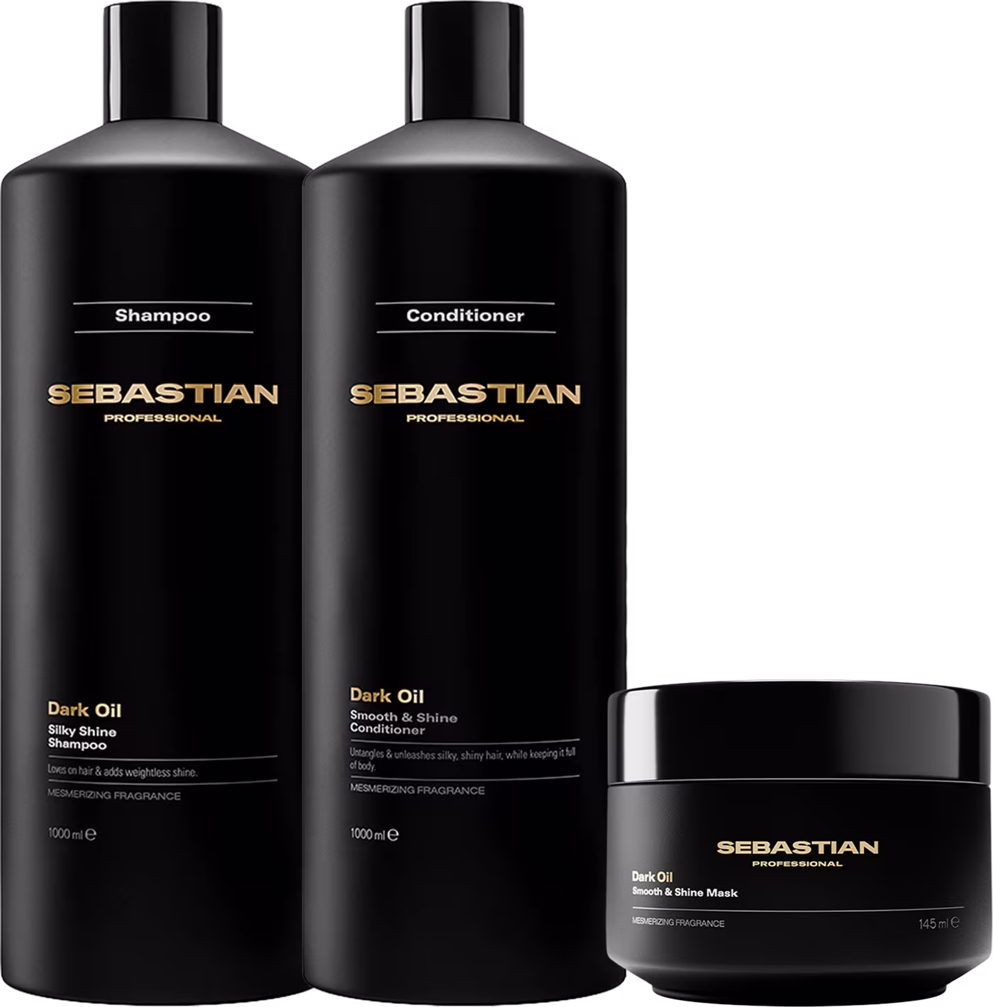 Conjunto de produtos de cuidados capilares da marca Sebastian Professional, incluindo shampoo, condicionador e máscara, todos em embalagens pretas com detalhes dourados, exibindo o nome da marca e a linha "Dark Oil".