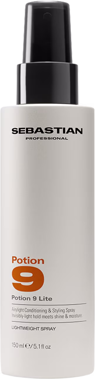 Frasco branco e preto de spray leve da linha Potion 9 da marca Sebastian Professional, com rótulo indicando o nome do produto e sua finalidade de condicionamento e styling.