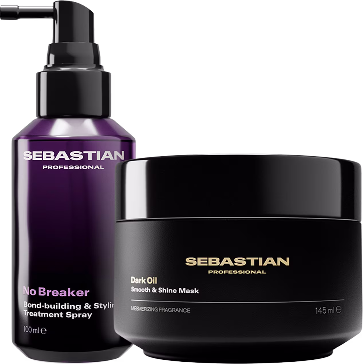 Dois produtos da marca Sebastian Professional: um frasco preto com rótulo roxo e branco, e um pote preto com rótulo dourado. O frasco contém um spray de tratamento para cabelos, enquanto o pote contém uma máscara para cabelos.
