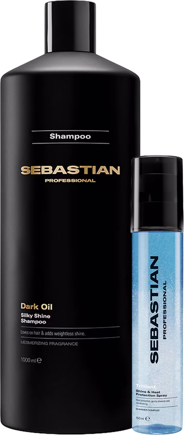 Frasco preto de shampoo da marca Sebastian Professional e frasco azul do spray de proteção térmica da mesma marca, ambos com rótulos e informações sobre os produtos.