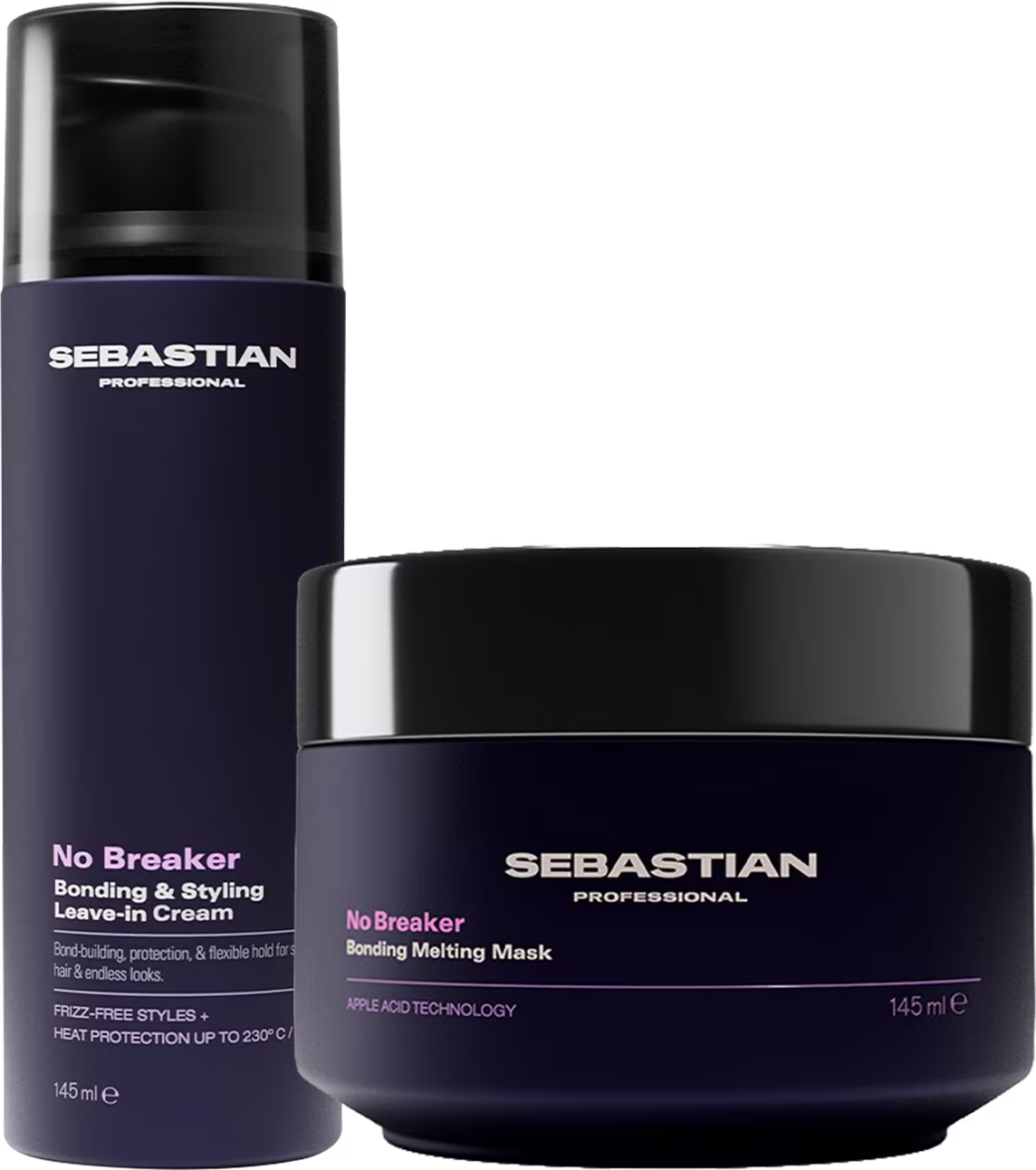 Dois produtos da marca Sebastian Professional: um frasco preto com rótulo roxo e branco, e um pote preto com rótulo roxo e branco. Os produtos são chamados "No Breaker Bonding & Styling Leave-in Cream" e "No Breaker Bonding Melting Mask", respectivamente.