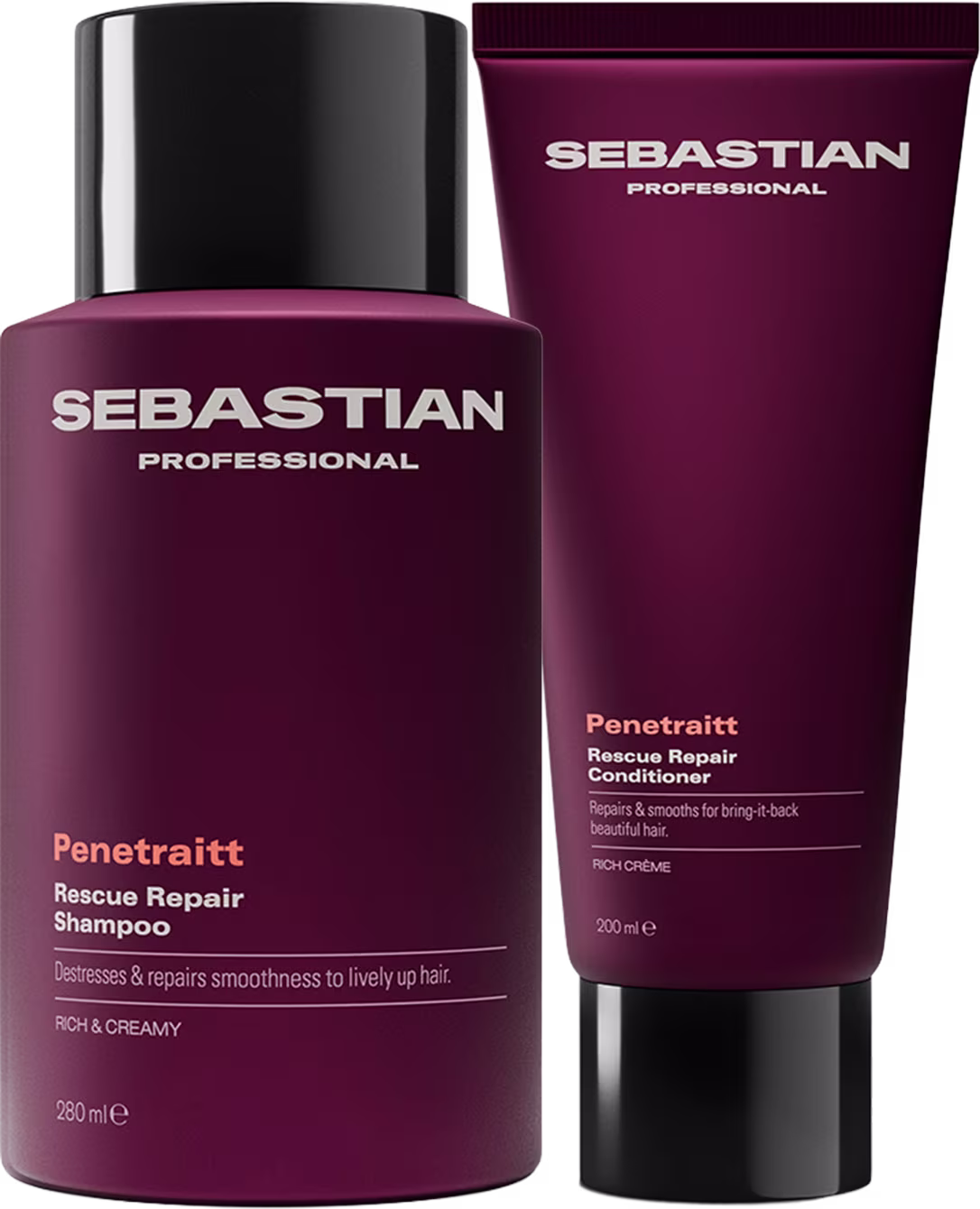 Dois produtos da marca Sebastian Professional: um frasco de shampoo Penetraitt Rescue Repair e um tubo de condicionador Penetraitt Rescue Repair, ambos em embalagens de plástico rígido de cor vinho escuro com detalhes em preto.