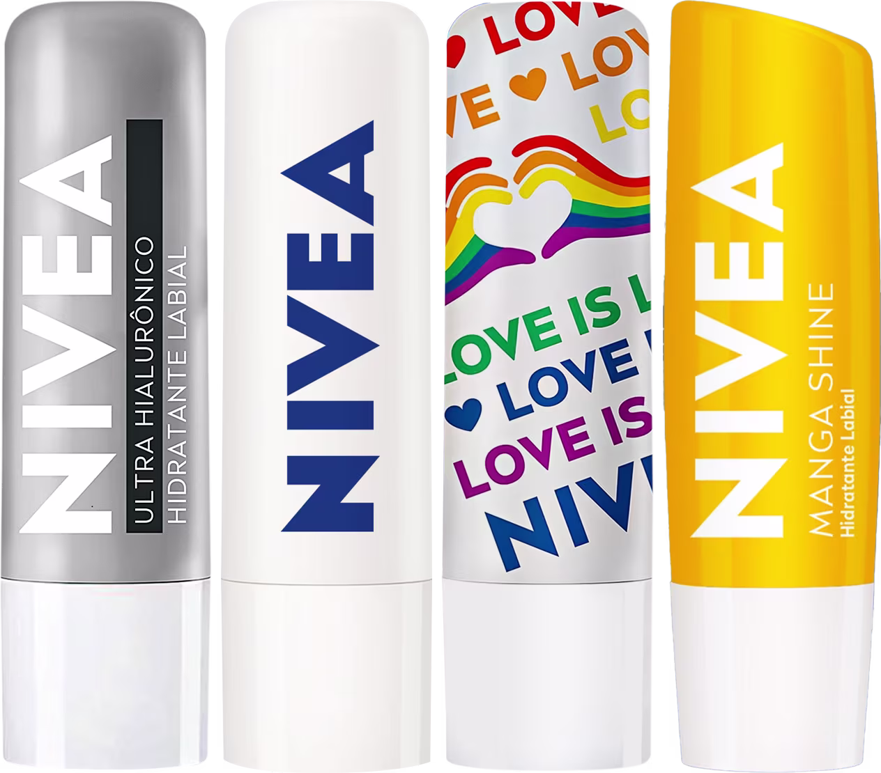 Quatro embalagens de hidratante labial NIVEA. As embalagens exibem rótulos com os nomes "Nivea Ultra Hialurônico", Nivea "Love is Nivea", e "Nivea Manga Shine" em diferentes estilos de fonte.