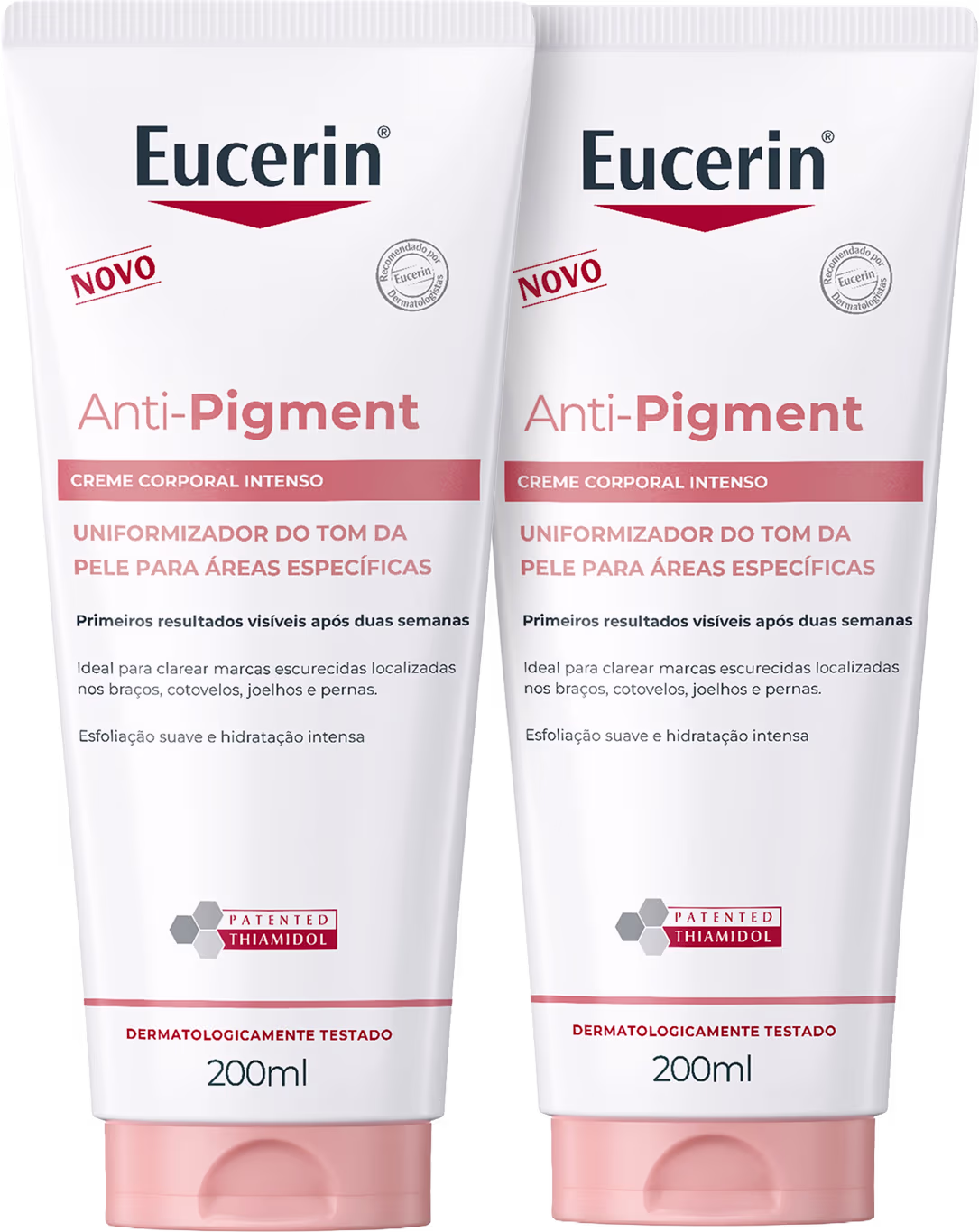 Dois tubos de creme corporal intensivo Eucerin Anti-Pigment para áreas específicas, com embalagem branca e detalhes em rosa, contendo 200ml cada.