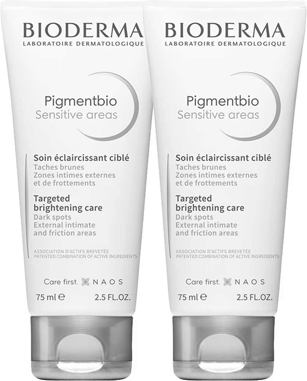 Dois frascos brancos da linha Pigmentbio Sensitive areas da Bioderma, com 75ml cada. Os frascos apresentam rótulos com o nome do produto e informações sobre seu uso para tratar manchas escuras em áreas sensíveis.