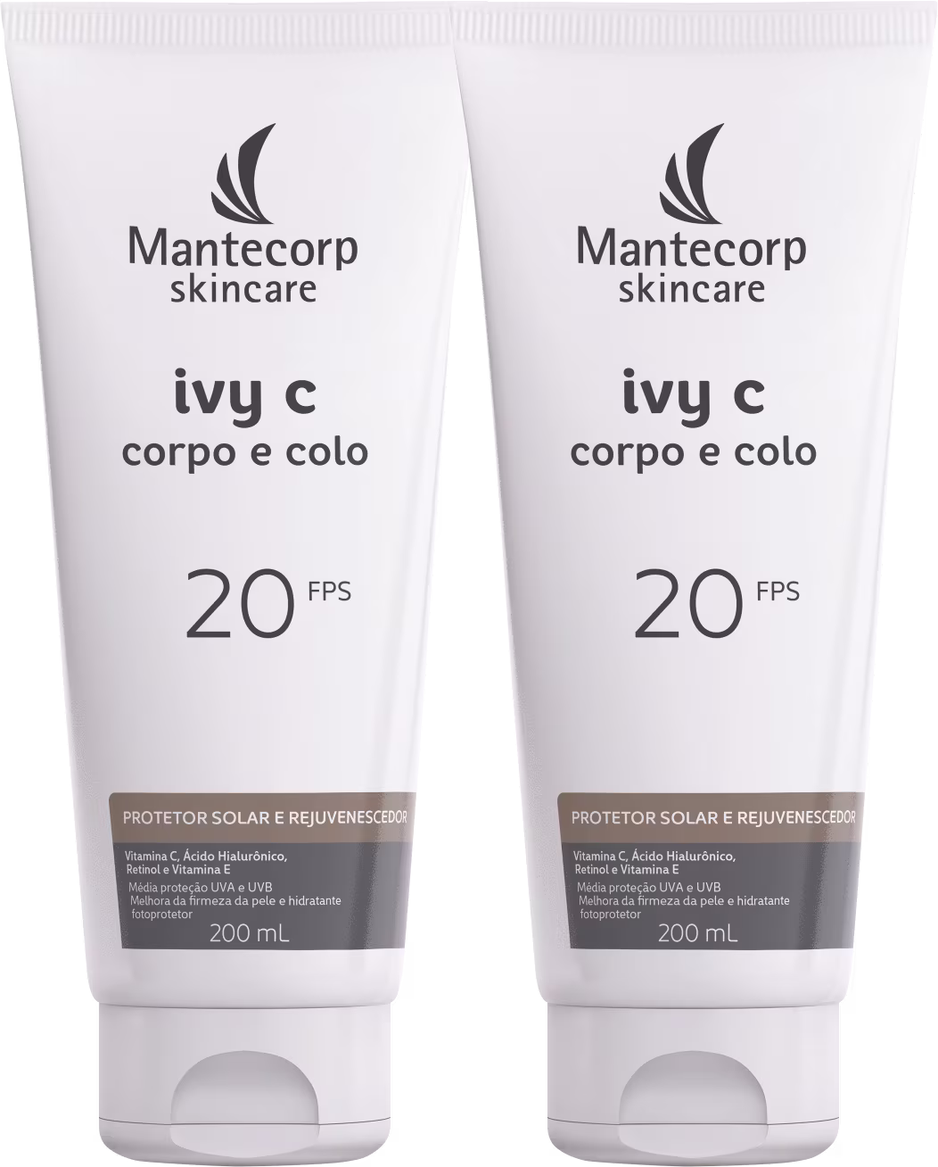 Dois frascos do produto Mantecorp Skincare Ivy C Corpo e Colo com FPS 20, em embalagem branca com logotipo da marca e informações sobre o produto, volume de 200ml cada.