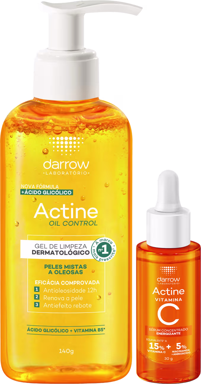 Dois produtos Darrow: um gel de limpeza dermatológico Actine com ácido glicólico e um sérum concentrado Actine Vitamina C, ambos em embalagens plásticas de cores laranja e branca.
