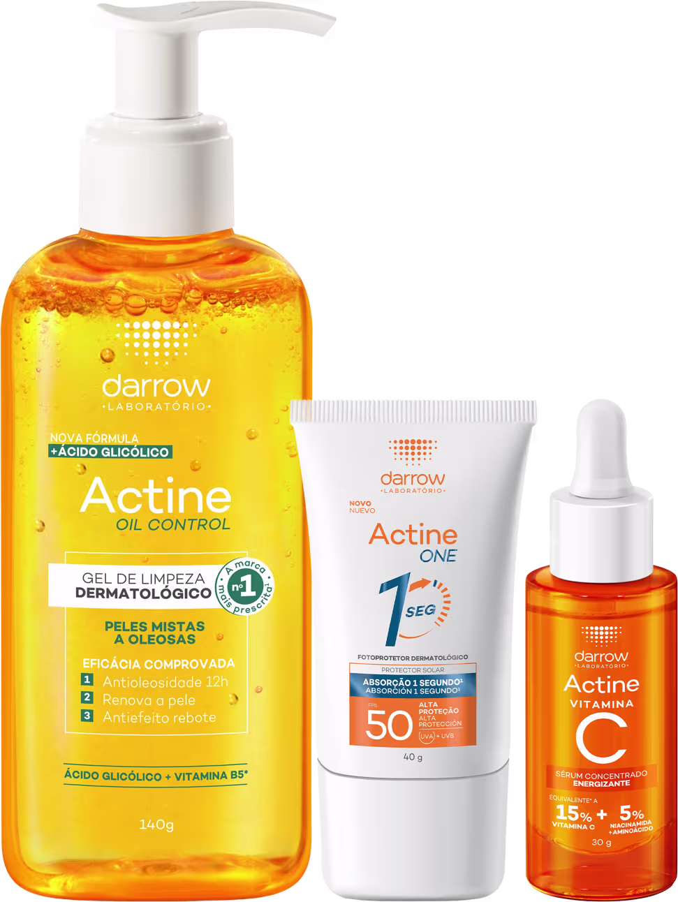 Produtos da linha Actine da Darrow: gel de limpeza dermatológico, protetor solar FPS 50 e sérum concentrado de vitamina C, em embalagens de plástico brancas e laranja.