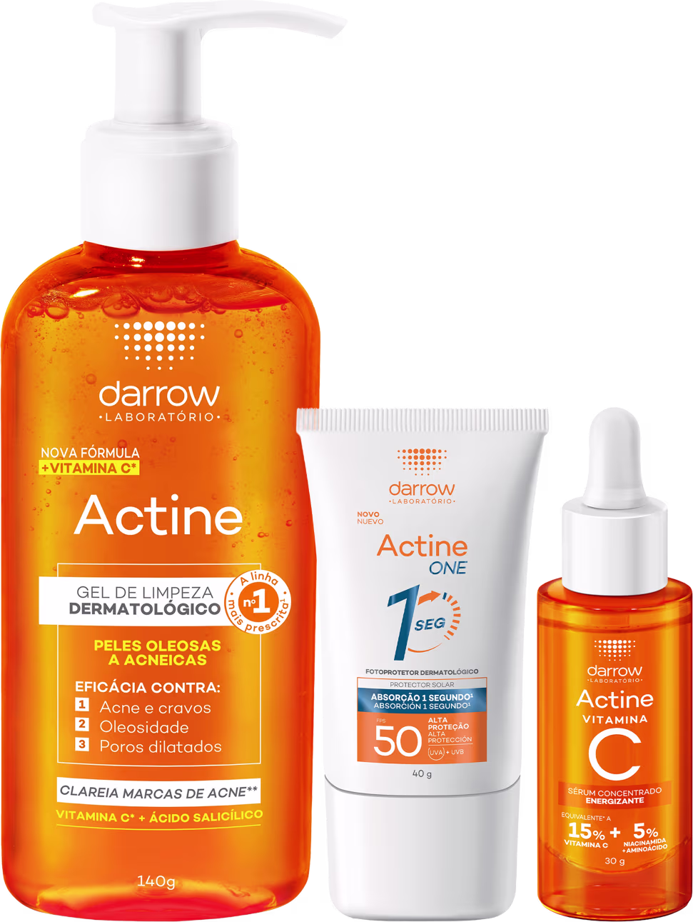 Produtos da linha Actine da Darrow: gel de limpeza dermatológico, protetor solar Actine One FPS 50 e sérum concentrado de vitamina C, em embalagens com cores predominantes laranja e branca.