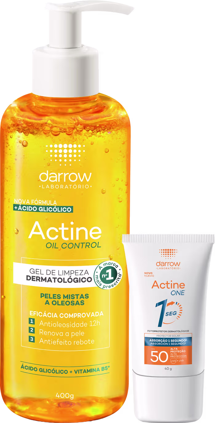 Dois produtos da marca Darrow: um frasco de gel de limpeza dermatológico Actine Oil Control com 400g, em embalagem laranja, e um tubo de protetor solar Actine One FPS 50 com 40g, em embalagem branca.