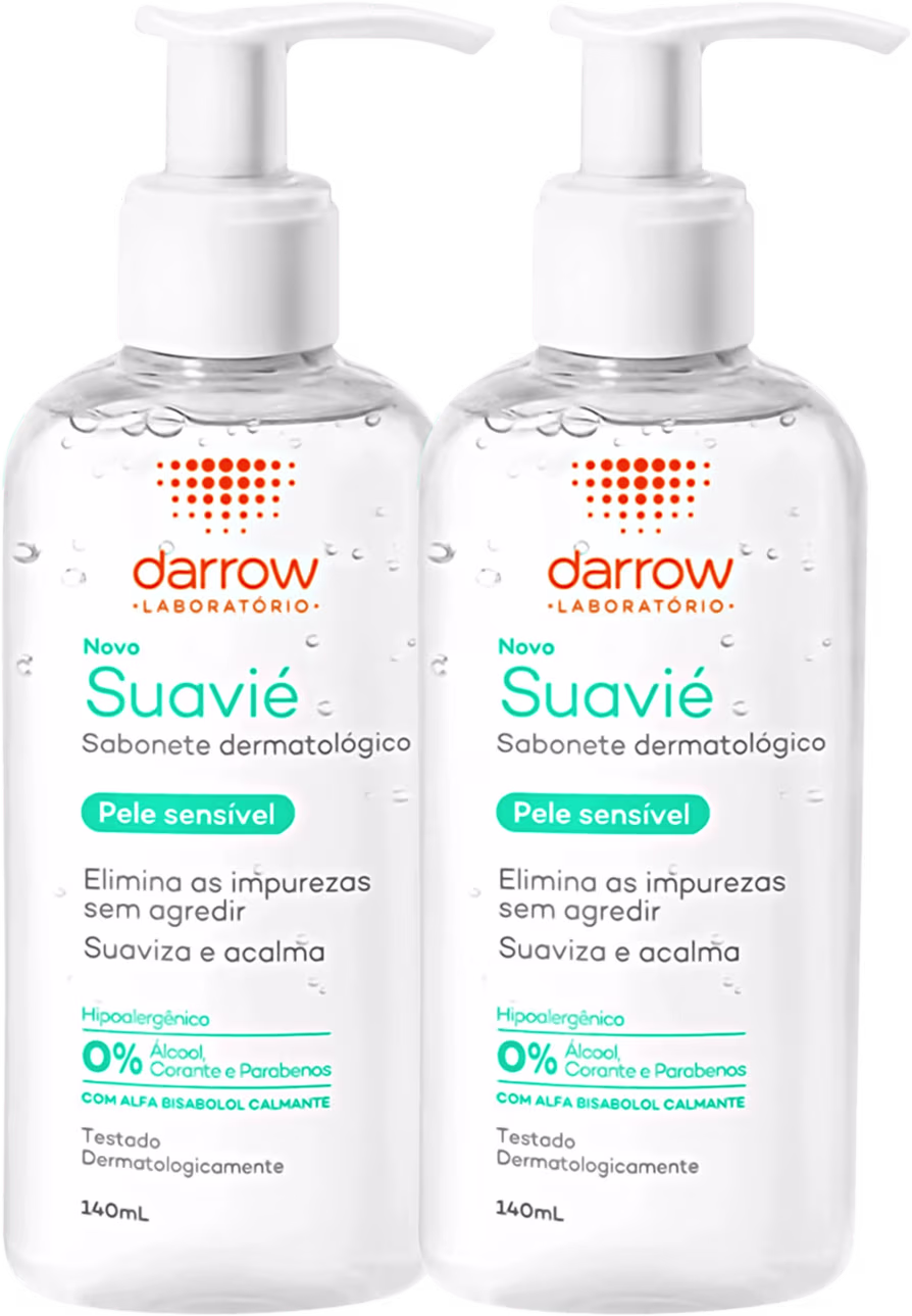 Dois frascos de sabonete dermatológico Darrow Suavie, de 140ml cada, para pele sensível, com bombas dosadoras brancas.