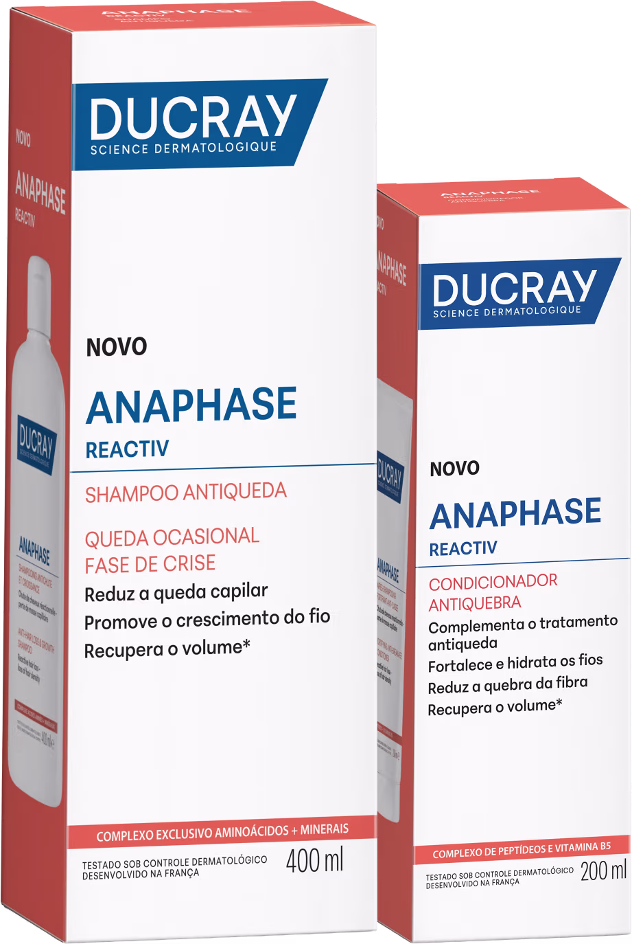 Dois produtos da marca Ducray: um frasco de shampoo Anaphase Reactiv de 400 ml e um frasco de condicionador Anaphase Reactiv de 200 ml, ambos em embalagens de cores branca e laranja.