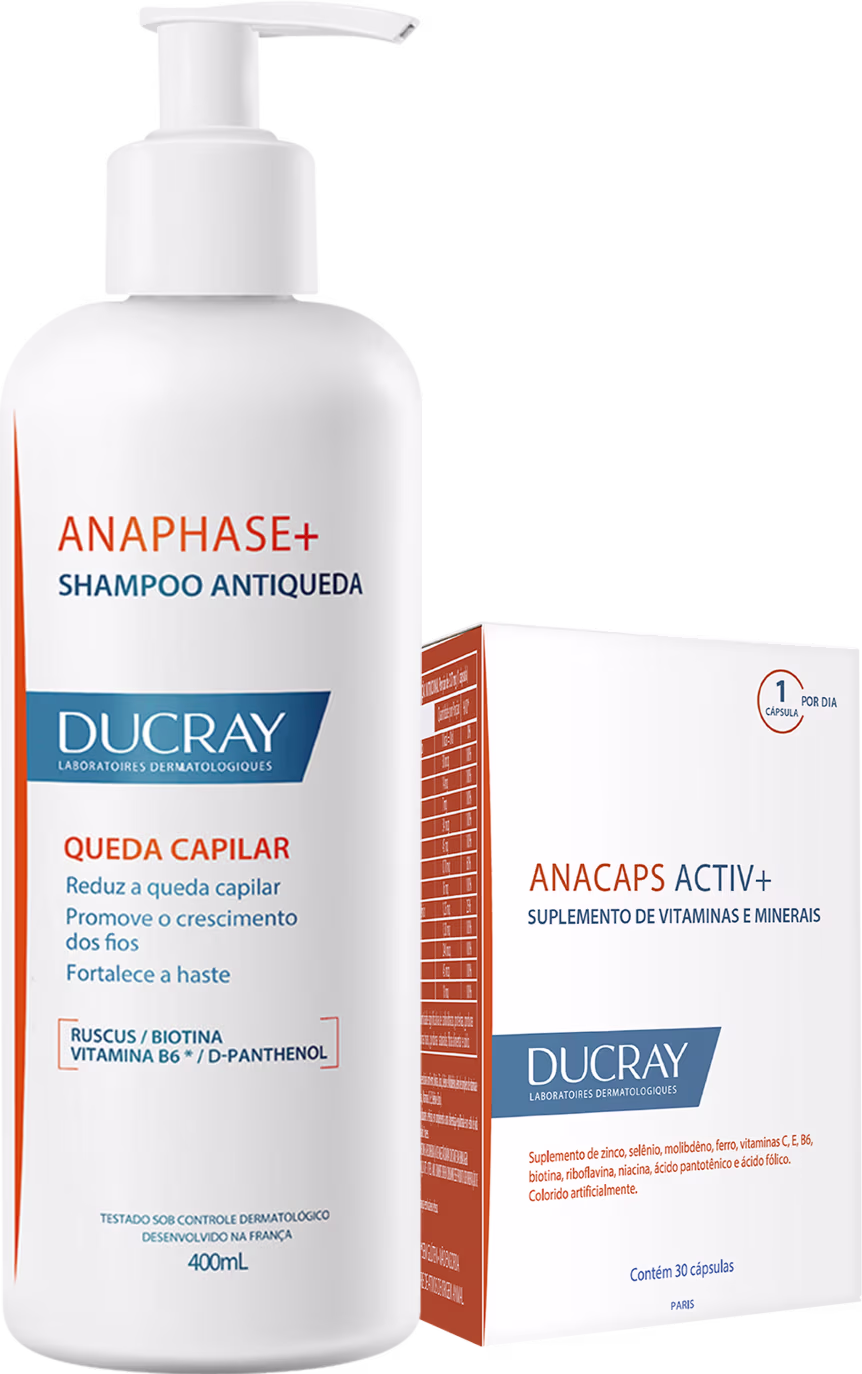 Shampoo antiqueda Anaphase+ da Ducray em frasco branco de 400ml com bomba dosadora e caixa laranja contendo suplemento Anacaps Activ+ da mesma marca.