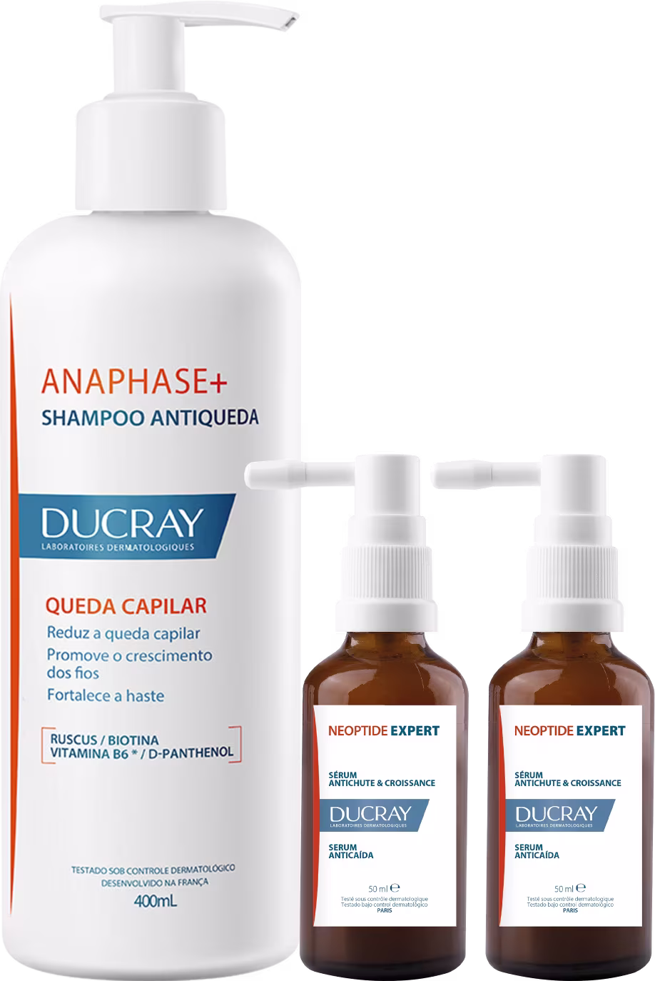Shampoo Antiqueda Anaphase+ da Ducray com 400ml e dois frascos de sérum anticaspa e crescimento Neoptide Expert da mesma marca, em embalagens brancas e marrons com detalhes em azul.