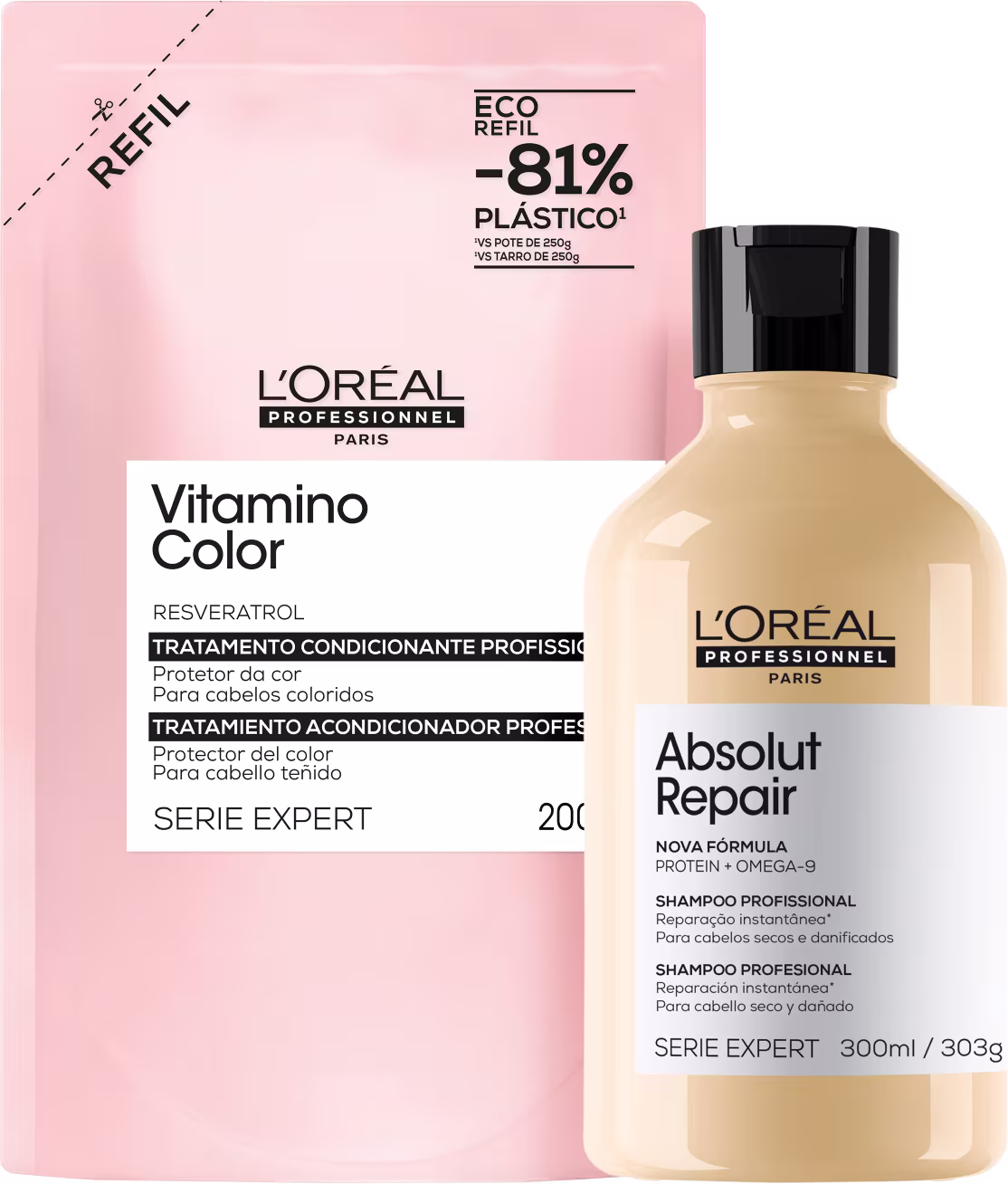 Frasco de shampoo profissional L'Oréal Absolut Repair, e embalagem refil da máscara L'Oréal Vitamino Color.