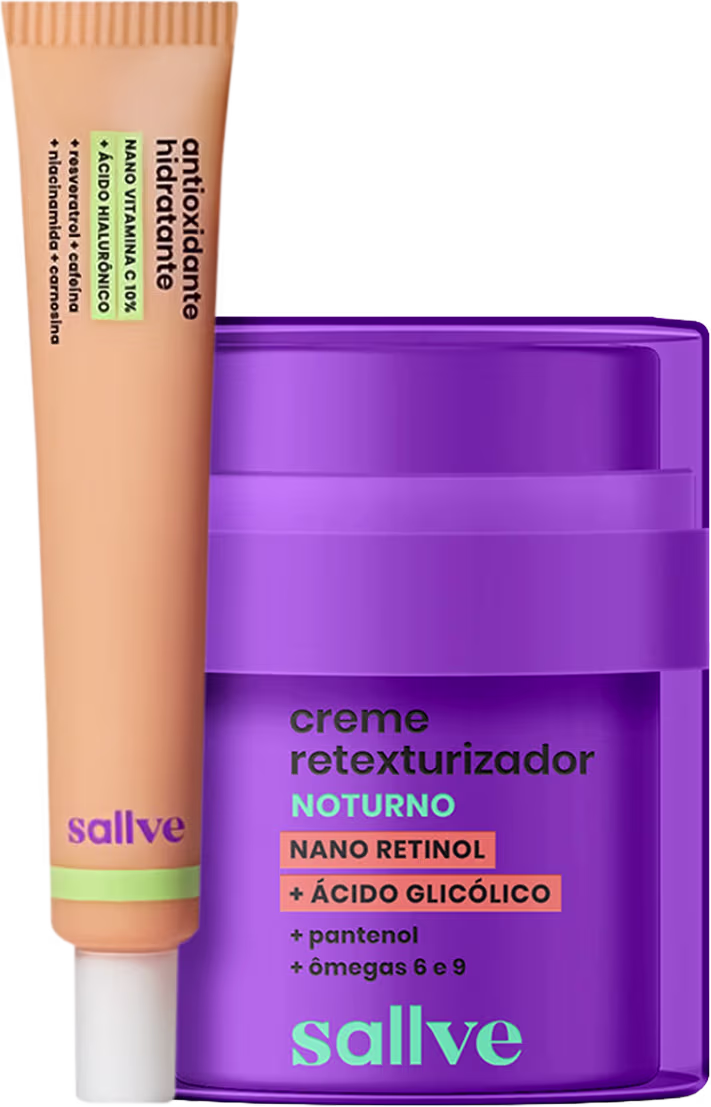 Creme retexturizador noturno Sallve 30g com nano retinol, ácido glicólico, pantenol e ômega 6 e 9, em embalagem roxa e tubo laranja com sérum gel facial de 35h.