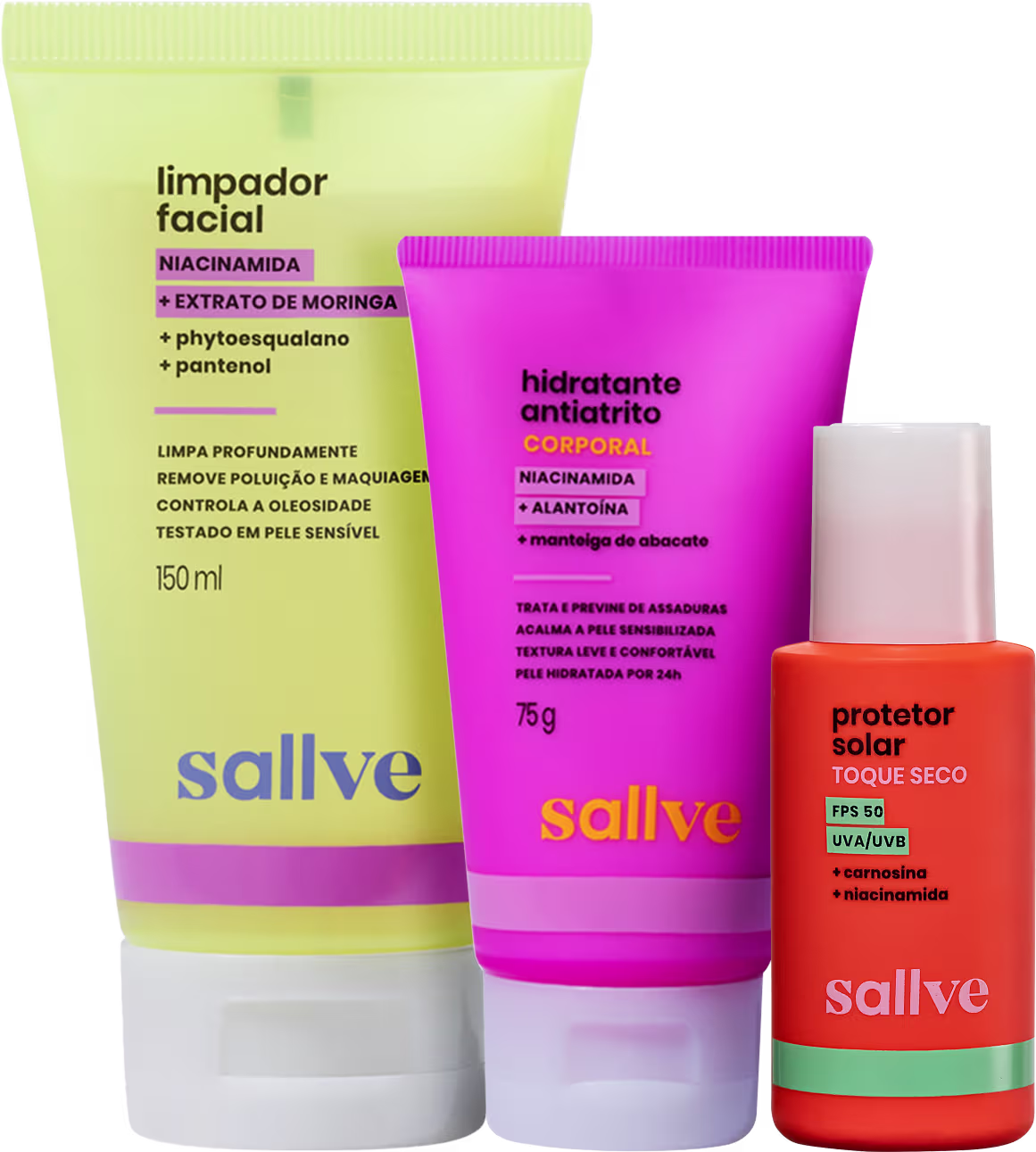 Três produtos da marca Sallve: um limpador facial em embalagem verde, um hidratante antiátrito em embalagem rosa e um protetor solar em embalagem laranja, todos com rótulos e informações visíveis.