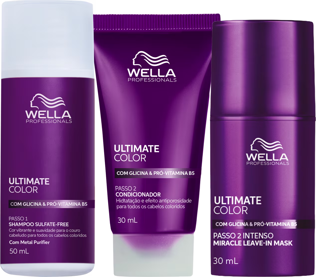Três produtos da linha Ultimate Color da Wella Professionals: shampoo sulfate-free de 50 ml, condicionador de 30 ml e máscara leave-in de 30 ml, todos em embalagens de plástico com predominância da cor roxa e o logotipo da marca.