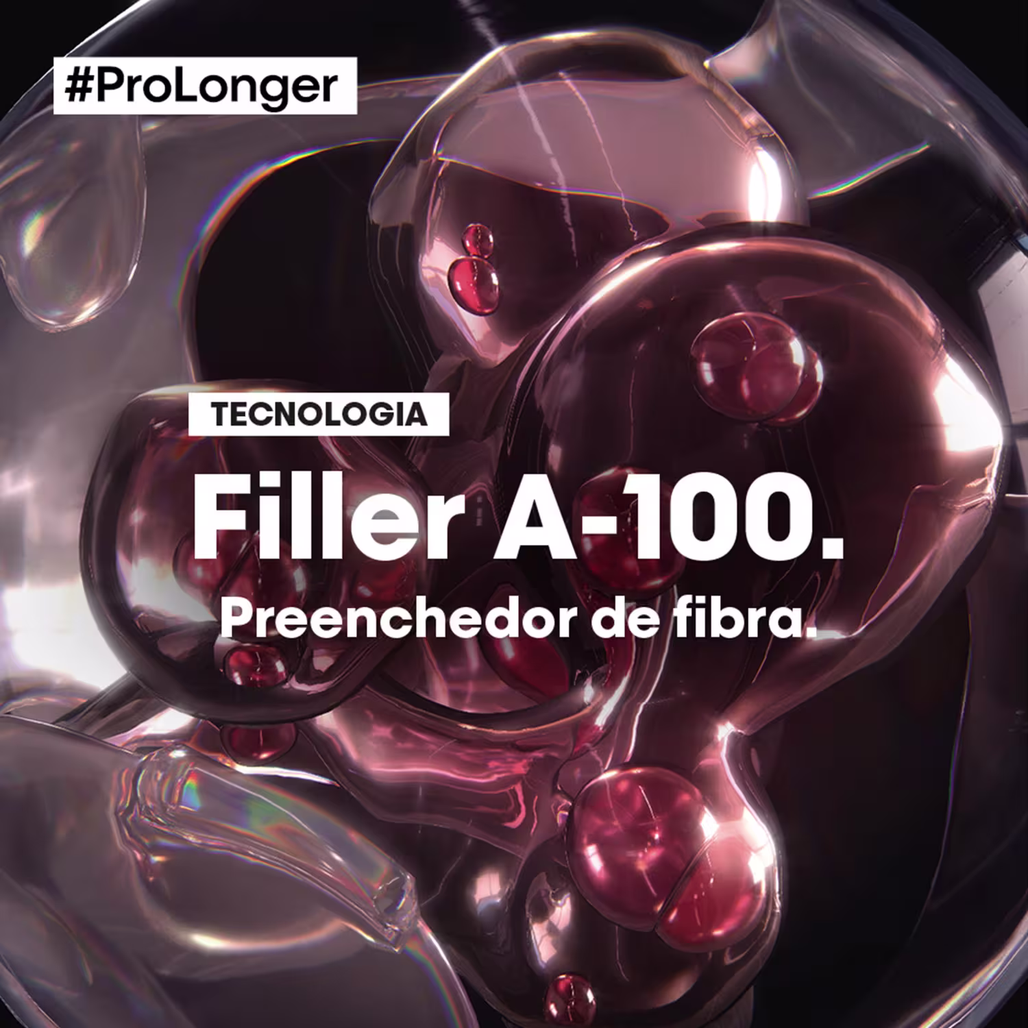 Filler A-100, um preenchedor de fibra da tecnologia ProLonger da L'Oréal Professionnel, apresentado em frascos de vidro com um líquido avermelhado e brilhante.