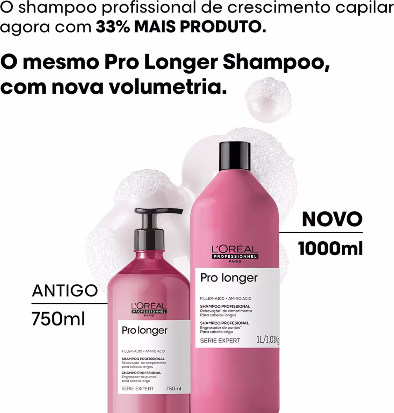 O shampoo profissional de crescimento capilar da L'Oréal Professionnel, agora com 33% mais produto, em embalagens de 750ml e 1000ml, com nova volumetria.