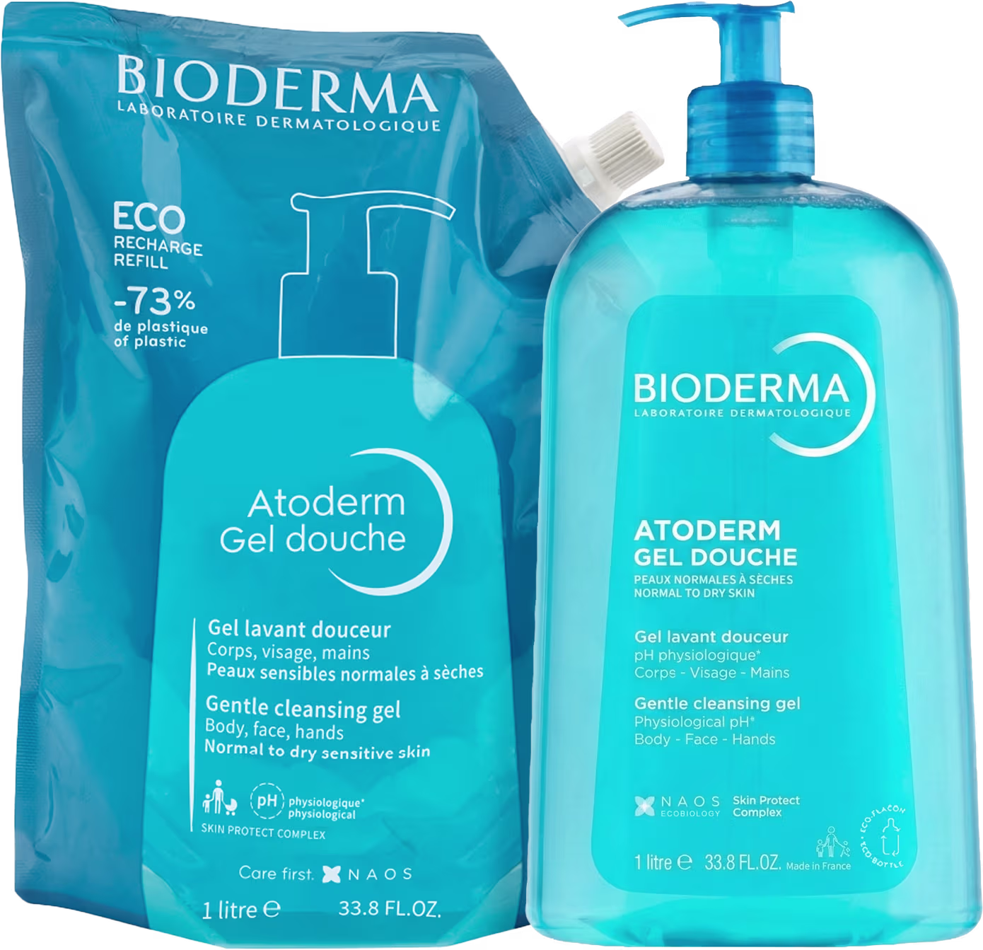 Embalagem de gel de banho Atoderm da Bioderma, com frasco de 1 litro e refil de 1 litro em embalagem plástica reciclável. Produto indicado para peles normais a secas, com pH fisiológico e complexo de proteção da pele.