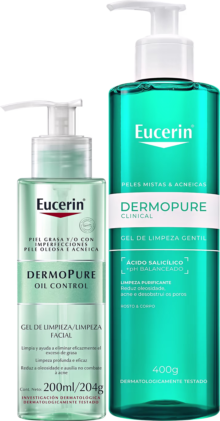 Dois produtos da marca Eucerin: um gel de limpeza facial Dermopure Oil Control e um gel de limpeza gentil Dermopure Clinical, ambos em embalagens plásticas com cores predominantes de verde e branco.