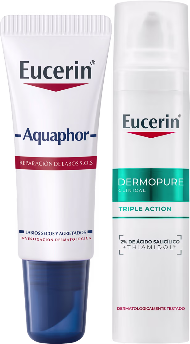 Dois produtos Eucerin: um tubo de creme Aquaphor para reparação de lábios secos e ressecados, e um frasco de spray Dermopure para ação tripla no cuidado da pele.