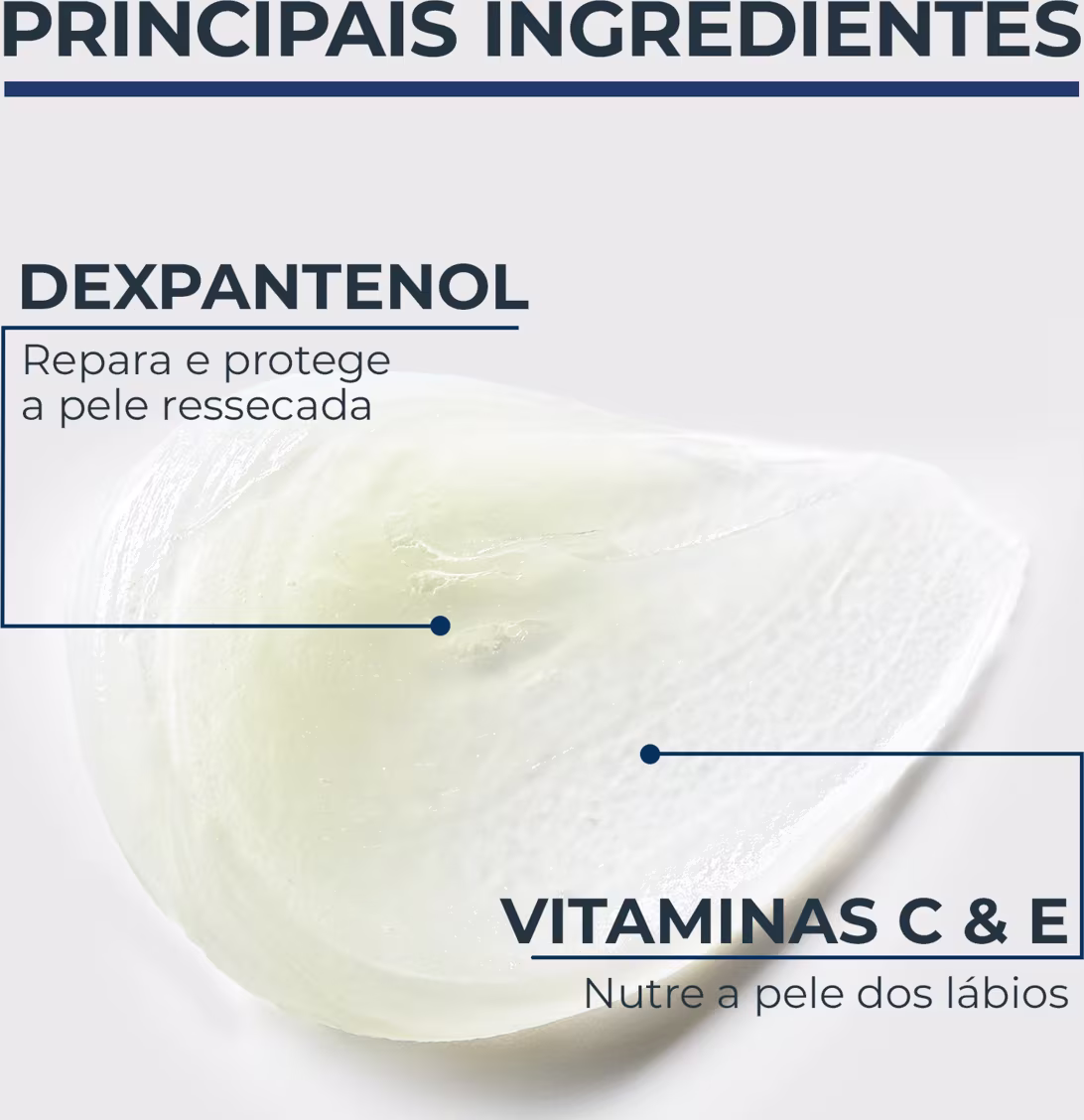 PRINCIPAIS INGREDIENTES
DEXPANTENOL
Repara e protege a pele ressecada
VITAMINAS C & E
Nutre a pele dos lábios