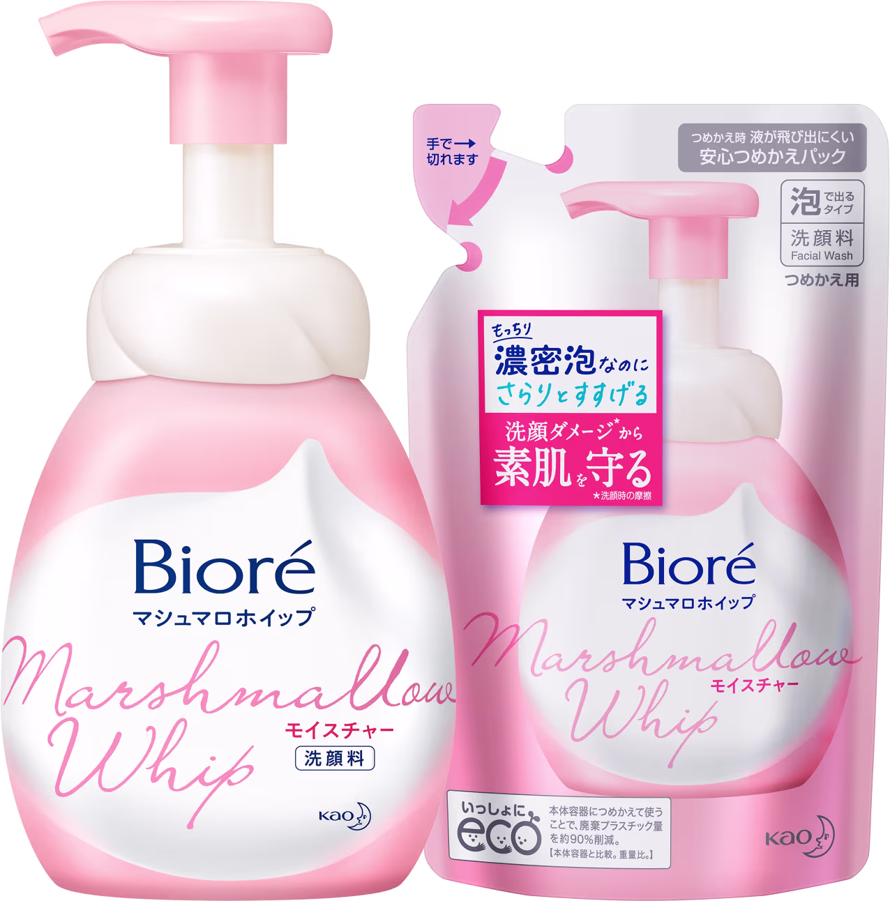 Dois frascos de produtos de beleza da marca Bioré, com embalagens de cor rosa e branca. O produto principal é um sabonete líquido facial com textura de marshmallow, e o outro é um refil para o mesmo.