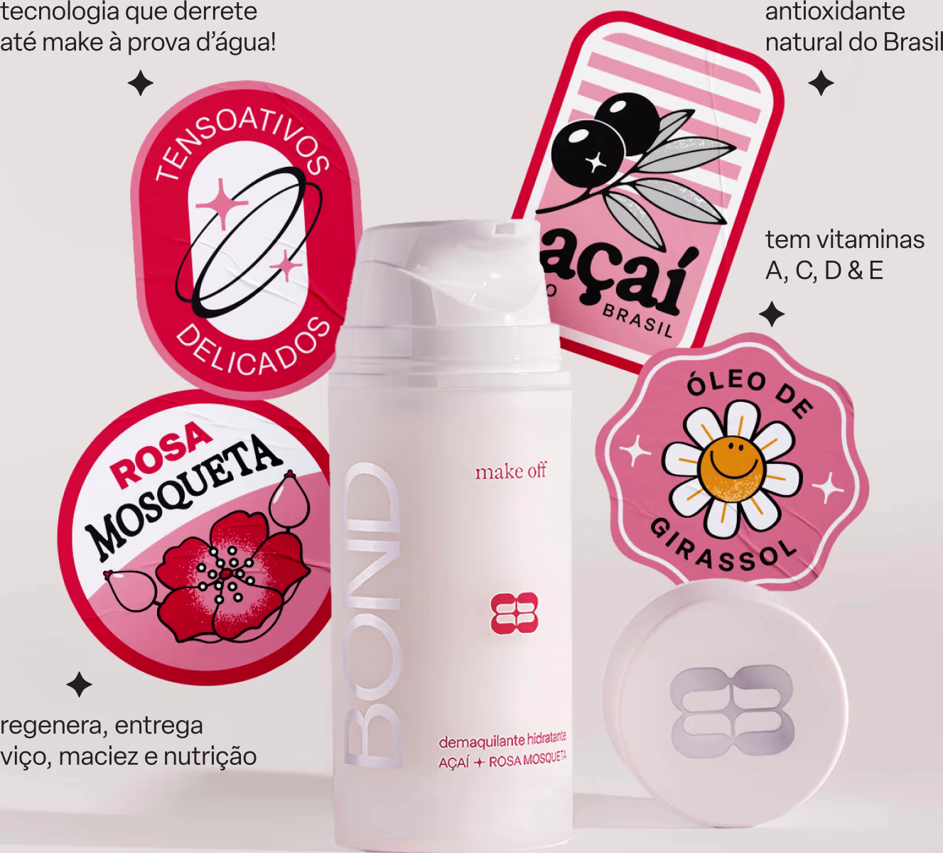 Demaquilante Make Off da marca Bond Rio, com embalagem branca e detalhes em vermelho, rosa e preto. Contém texto com informações sobre os ingredientes naturais, como açaí e rosa mosqueta, além de propriedades antioxidantes e vitaminas.