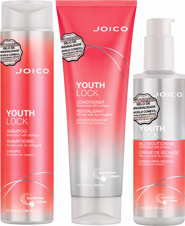 Conjunto de produtos Joico Youth Lock, incluindo shampoo, condicionador e creme para secagem, em embalagens com cores predominantes de laranja e branco, exibindo o selo de originalidade da marca.